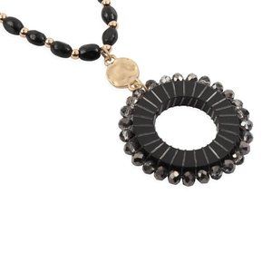 Riah Fashion Beaded Black Wooden Pendant Necklace NIP